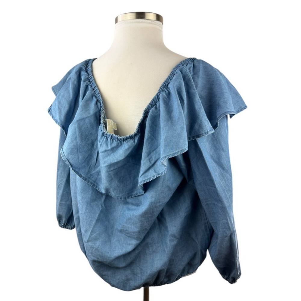 MICHAEL Michael Kors Off The Shoulder Blue Chambray Ruffle Top Plus Size 2X - Picture 8 of 12